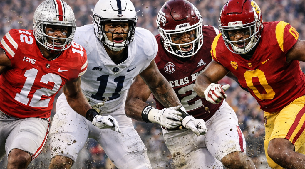 Four college football players in action wearing team uniforms with mud splashes