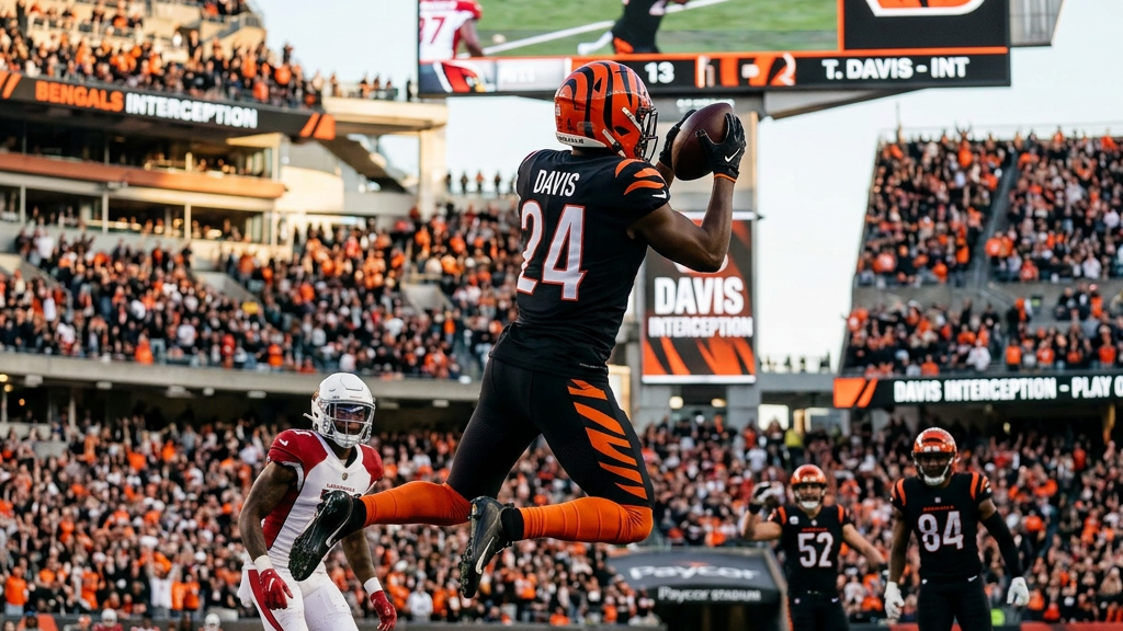 Bengals player Davis (#24) catching a football in midair for an interception at Paycor Stadium, with opposing player nearby and crowd in background.