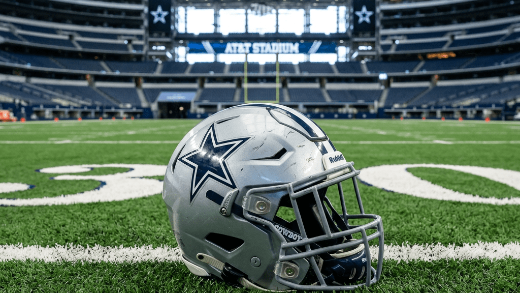 Dallas Cowboys football helmet on green field at 30-yard line inside stadium